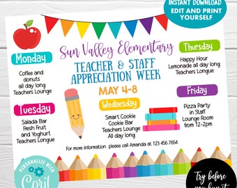 Editable Teacher & Staff Appreciation Week, Itinerary Schedule, School PTO PTA Appreciation Week Flyer, Event Planner Template