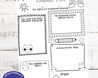 All About my Teacher Letter, Teacher Appreciation Week , Printable Thank You Note, Teacher Coloring Page, Instant Download, Fill in Letter