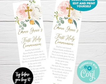 Pink First Holy Communion Bookmark Favors, Editable Favors, Personalized Favor Tags, Recuerdos Oración Primera Comunión Niña