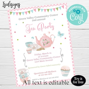 Dames thee evenement bewerkbare flyer, theekransje vrouw fondsenwerving evenement sjabloon, school kerk gemeenschap par-thee uitnodigen flyer, instant download