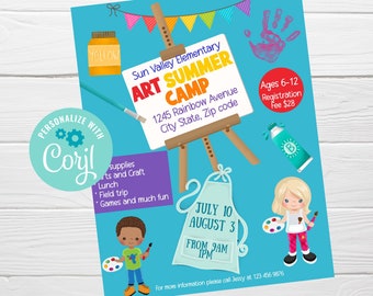 Flyer du camp d’art d’été, camp pour enfants modifiable, téléchargement instantané, dépliant des activités d’été, dépliant de marketing d’été artistique, dépliant du camp scolaire