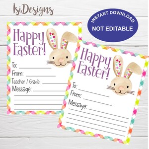 May include: Two printable cards with a colourful checkered border and a cartoon bunny with a pink nose and colourful ears. The text on the cards reads "Happy Easter!" with space to write "To:", "From:", "Teacher/Grade:", and "Message:".