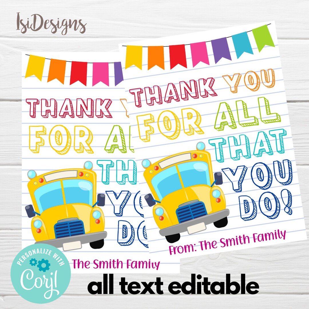 Bus Driver Thank You Gift Tag, Editable Thank You School Bus Driver ...