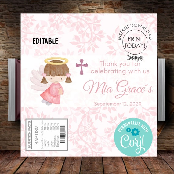 EDITABLE Baptism Candy Wrap, Instant Download, Pink Angel Baptism Chocolate Bar Label, Candy Favor Label Il_570xn