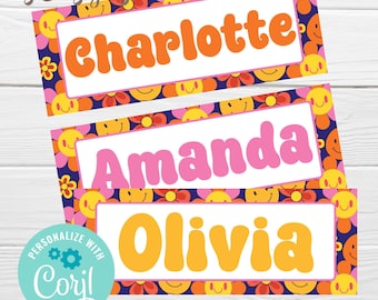 Groovy Desk Name Labels, Editable Classroom Name Label, Retro Name Tags, Student Name Plates, Retro Classroom Decor, Desk Labels, Download