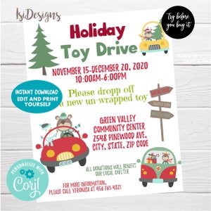 Holiday Toy Drive Flyer, Editable Christmas PTA PTO Flyer, Church Christmas Fundraiser Poster, Instant Download