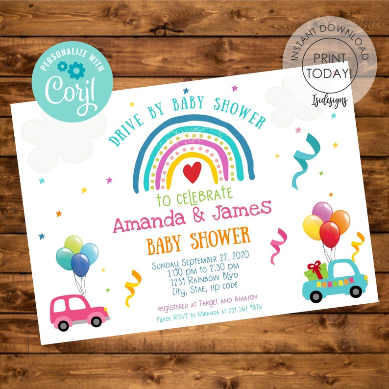 Editable Drive by Baby Shower Invitation Rainbow Baby Shower Etsy