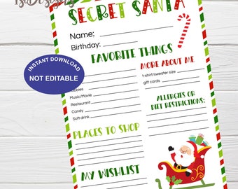 May include: A Secret Santa printable sheet with a red, green, and white border. The sheet includes sections for name, birthday, favorite things, and a wishlist. A candy cane and Santa in a sleigh are also featured.