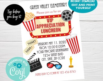 May include: Printable invitation for a VIP Appreciation Luncheon at Green Valley Elementary. The invitation features a red and white striped popcorn bucket, a red and white striped cup, a movie ticket, a film reel, a clapperboard, 3D glasses, and a gold statue. The text on the invitation reads "VIP Appreciation Luncheon", "Saturday May 11, 2020", "From 12:00-2:00PM", "Your Favorite Restaurant", "1234 Sunset Blvd", "City, State, Zip Code", and "Please RSVP to Joanna at 123 456 8765".