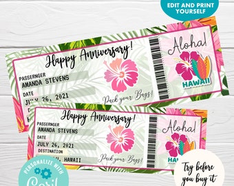Trip to Hawaii Gift Boarding Pass, Editable Surprise Vacation Ticket, Birthday Airplane Ticket, Surprise Trip Anniversary Ticket