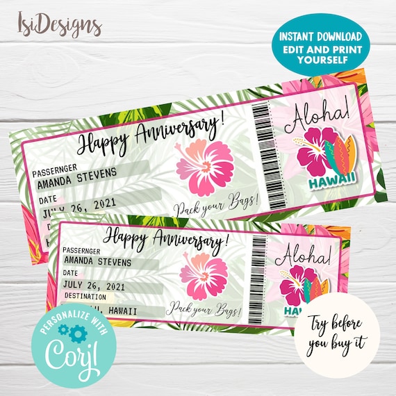 Trip to Hawaii Gift Boarding Pass, Editable Surprise Vacation Ticket, Birthday Airplane Ticket, Surprise Trip Anniversary Ticket Il_570xn