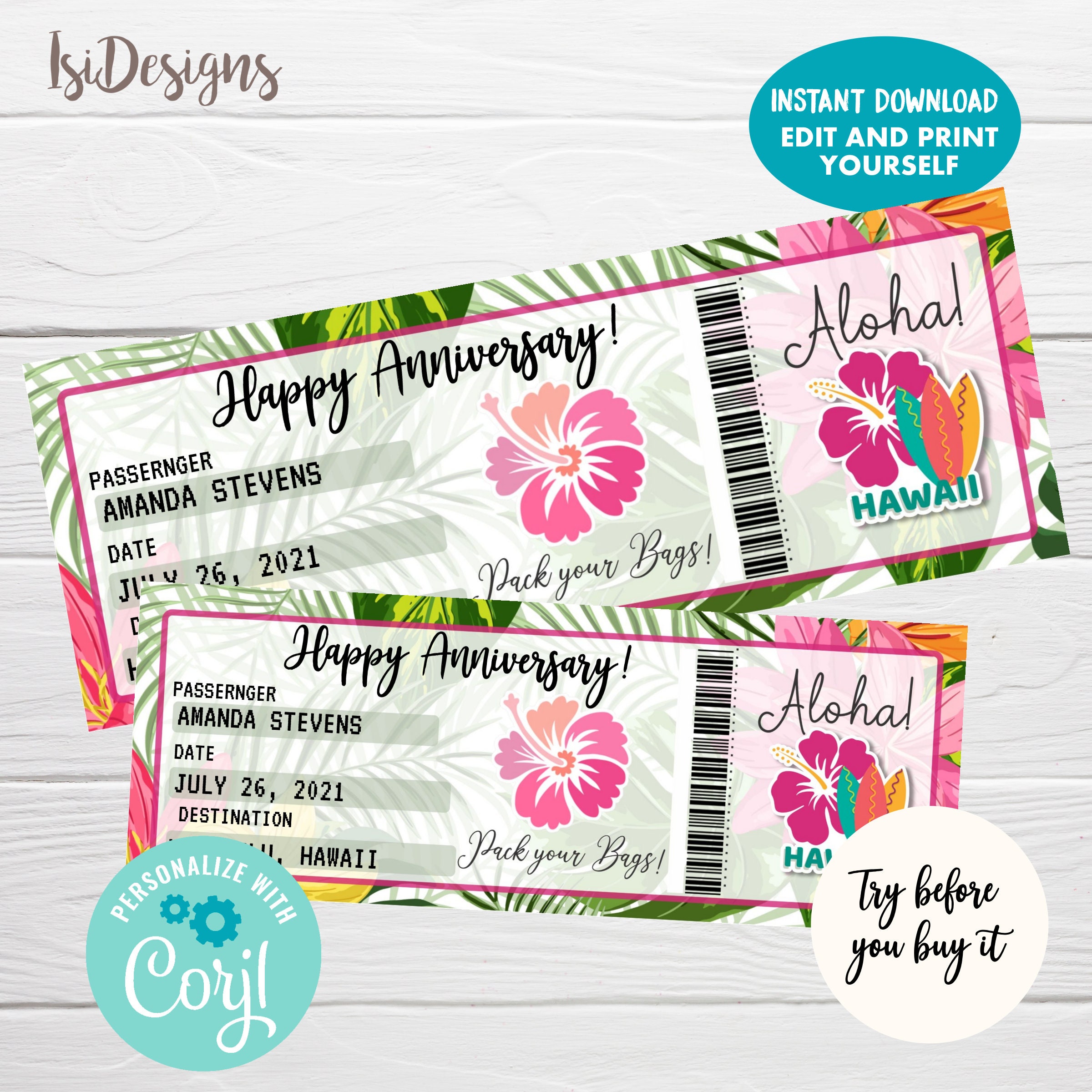 Trip to Hawaii Gift Boarding Pass Editable Surprise Vacation Etsy