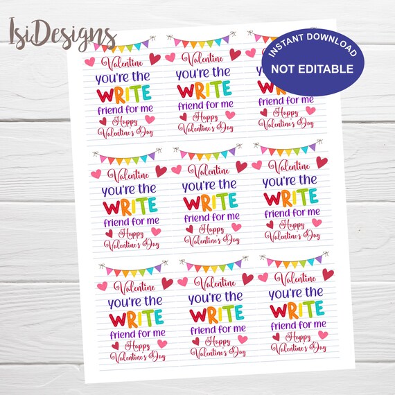 Write friend for me Valentine's Day tag, Instant Download, Pencil Valentine Labels, Preschool Non-Candy Valentine's Pen Pencil Markers Tags Il_570xn