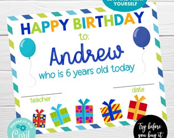 Birthday Certificate, Instant Download, Happy Birthday Award, Boy Birthday Recognition, Teacher Printable, Editable Certificate