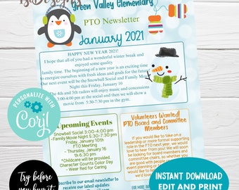 Editable PTO January Newsletter, PTO PTA Winter Flyer, Instant Download, School Editable Newsletter Template
