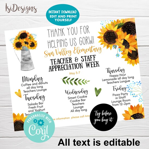 Teacher Appreciation Week Editable Flyer, Instant Download, Sunflower ...