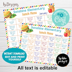 Editable Kids Lunch Planner, Meal Weekly Planner, Lunch Menu for ...