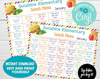 Editable Monthly Kids Lunch Planner, Family Meal Planner, Lunch Menu for Children, Instant Download, School Lunch Menu Planner