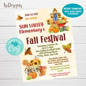 May include: A fall festival flyer with a watercolor design. The flyer features pumpkins, sunflowers, and a scarecrow. Text includes "Fall Festival", "Sun Valley Elementary's", and event details. The flyer is available for instant download and personalization.