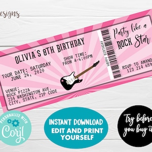 Rock Star Birthday Invitation, Instant Download, Rock Concert Ticket Birthday Invite