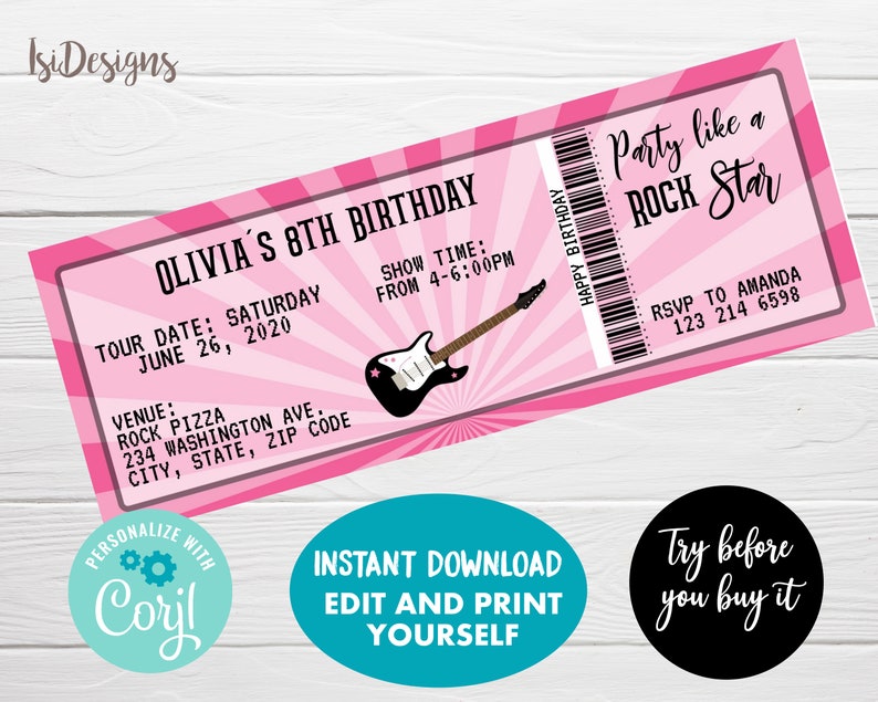 Peut inclure: Une invitation d'anniversaire imprimable en rose et blanc pour un 8&egrave;me anniversaire avec le texte "Olivia's 8th Birthday" et "Party like a Rock Star". L'invitation comprend des d&eacute;tails tels que la date, l'heure, le lieu et les informations RSVP.