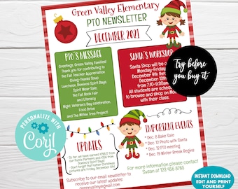 May include: A festive Green Valley Elementary PTO newsletter for December 2021, featuring elf illustrations and holiday-themed graphics. The newsletter includes event details, updates, and contact information. The text is editable and available for instant download.