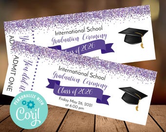 Senior Graduation VIP Ticket Invitation, Editable Purple Commencement Pass, Printable Template