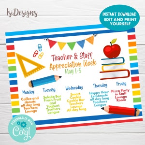 Teacher and Staff Appreciation Editable Flyer, Instant Download, Appreciation Week Events Calendar Template, Teachers Week Activities