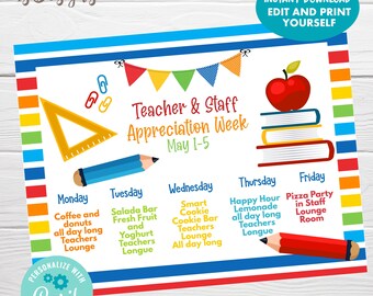 Teacher and Staff Appreciation Editable Flyer, Instant Download, Appreciation Week Events Calendar Template, Teachers Week Activities
