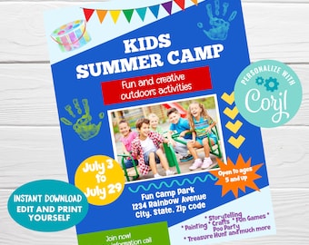 Bearbeitbarer Sommercamp-Flyer, Kindertagescamp, sofortiger Download, Sommercamp-Poster, Marketing-Flyer, Freizeit-Sommeraktivitäten-Flyer
