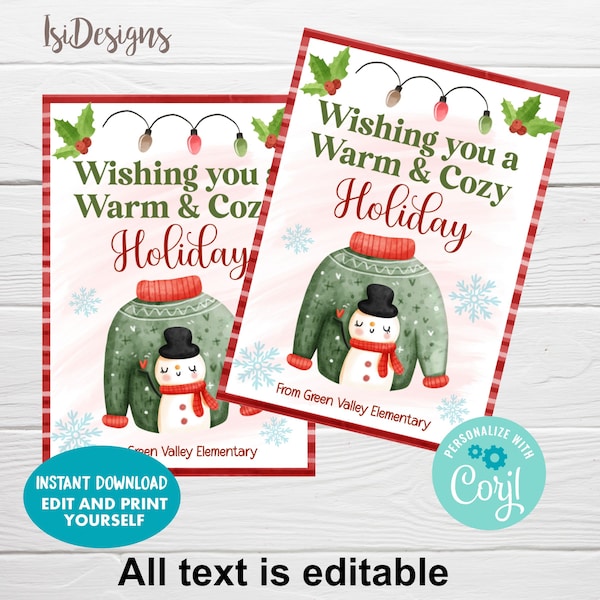 Christmas Gift Tag, Wishing you a warm and cozy Holiday, Editable Appreciation Gift Tags, DOWNLOAD, Holiday Gift Tags, Christmas Sweater