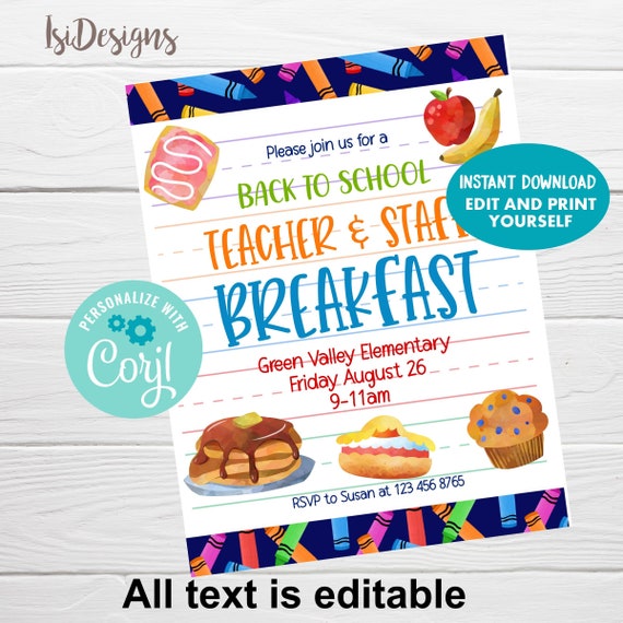 Teacher and Staff Back to School Breakfast, Instant Download, Back to
