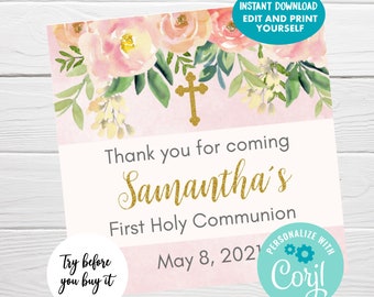 May include: Pink floral design with a gold cross and the text "Thank you for coming Samantha's First Holy Communion May 8, 2021".