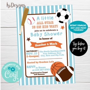 Baby Shower Invitation Sports Themed, Editable Little All-Star Invitations Boy Baby Shower