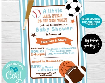 Baby Shower Invitation Sports Themed, Editable Little All-Star Invitations Boy Baby Shower