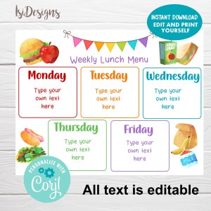 Menu hebdomadaire, modèle de menu de déjeuner modifiable, téléchargement instantané, planificateur de menus de déjeuner scolaire, imprimable pour la rentrée scolaire, planificateur de repas