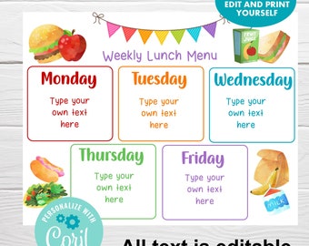Weekly Menu Planner, Editable Lunch Menu Template, Instant Download, School Lunch Menu Planner, Back to School Printable, Meal Planner