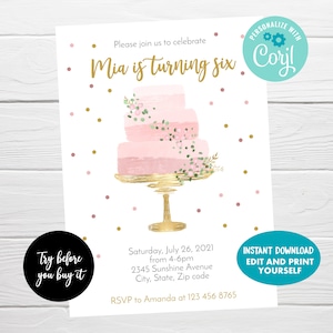 Cake Birthday Invitation, Editable Girl Birthday Cake Decorating Party Invitation, Instant Download, Blush and Gold Invitation image 1