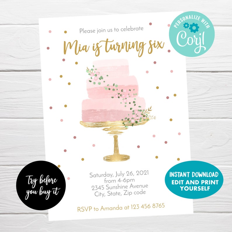 Cake Birthday Invitation, Editable Girl Birthday Cake Decorating Party Invitation, Instant Download, Blush and Gold Invitation image 1