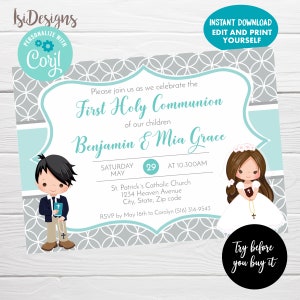 May include: A light blue and gray invitation for a First Holy Communion celebration. The invitation features a boy and girl in their First Communion attire, with the text "First Holy Communion" and the names "Benjamin & Mia Grace".