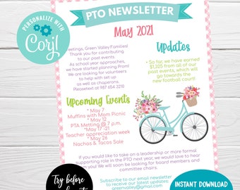 Editable PTO PTA Newsletter Flyer Template, School May Newsletter, Classroom Printable Handout, Instant Download