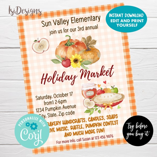 EDITABLE Fall Holiday Market Flyer, Autumn Craft Show Poster, Instant Download Holiday Community Church School Fundraiser Event