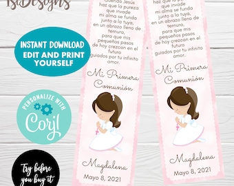 Pink First Holy Communion Bookmark Favors, Editable Communion Favors, Girl Communion Bookmark, Oración de Primera Communion