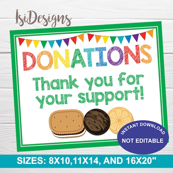 Cookie Booth Donations Sign, Instant Download, Girl Scout Cookies Sale Sign, Fundraiser Sign by