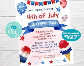 4th of July Ice Cream Social Editable Flyer, Block Party Invite, Fundraiser Summer Party, Patriotic Fundraiser Flyer Template, Download