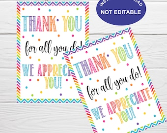 Appreciation thank you tags, Instant Download, Teacher PTO/PTA Nurse Employee Gift Tags, Thank you for all you do