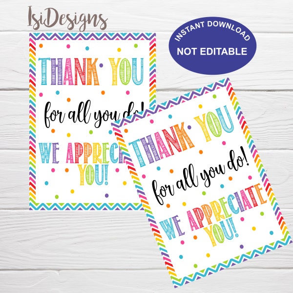 Appreciation thank you tags, Instant Download, Teacher PTO/PTA Nurse Employee Gift Tags, Thank you for all you do