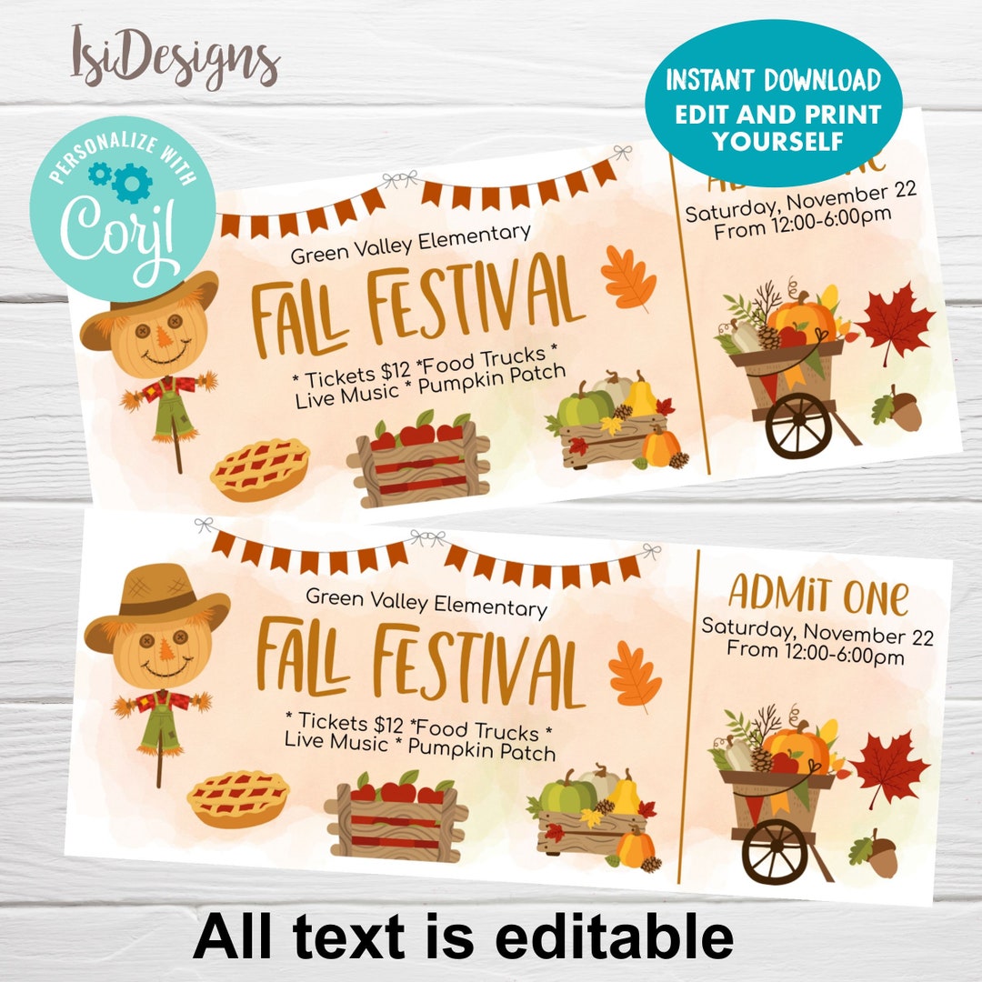 Fall Festival Editable Ticket, Instant Download, Pumpkin Fundraiser ...