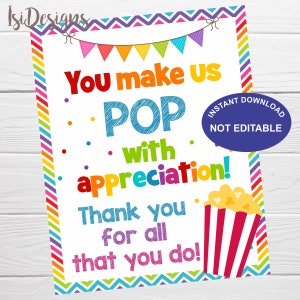 Popcorn Appreciation Sign, Thank You Sign, Teacher & Staff Nurses Essential Workers Staff Employees Appreciation Week Sign
