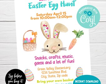 Editable Easter Egg Hunt Flyer, Easter Party Invite, PTA PTO Flyer, Church Easter Event, Fundraiser Poster, Instant Download